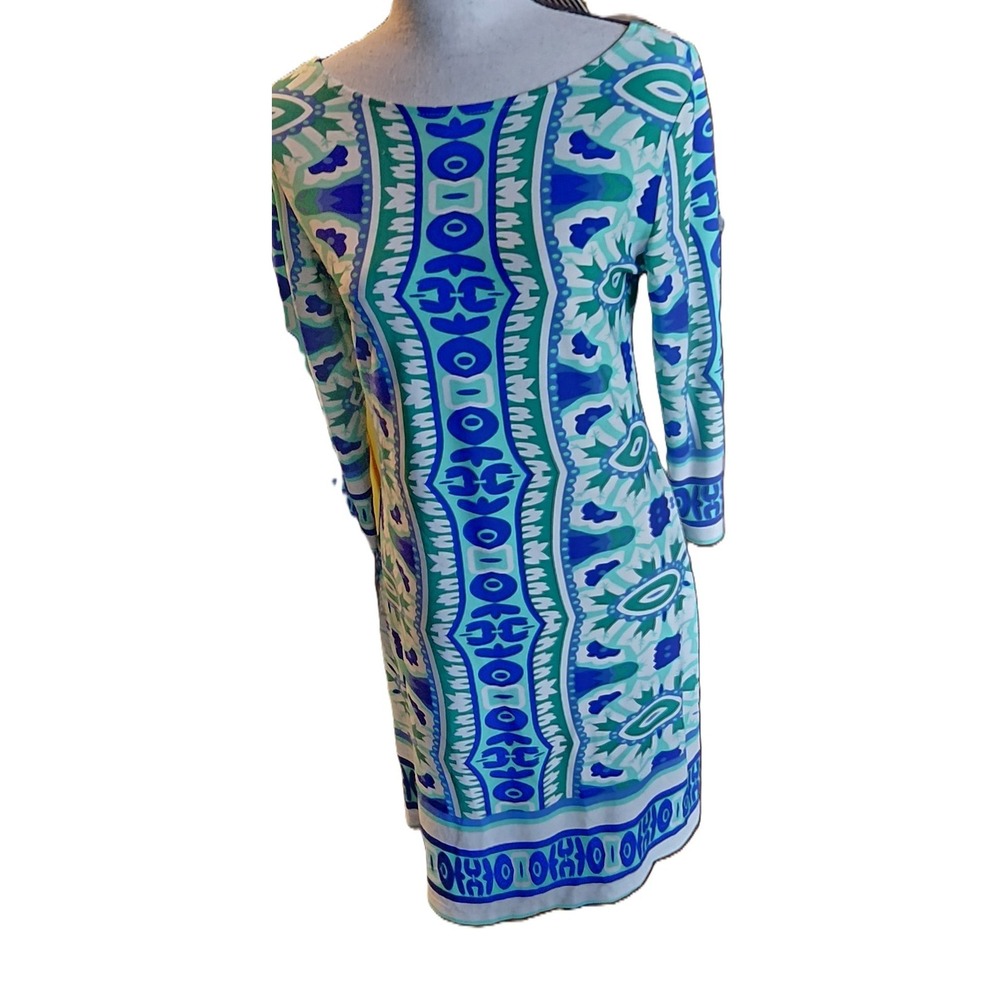 HAANI Womens Blue Teal White Geometric Stretch A-Line Dress S 6128-15188